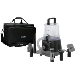 Pet grooming vacuum system with various attachments, including a hose, trimmer, brushes, and a carry case.