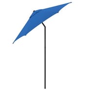 A 7.5-foot patio umbrella in blue, featuring a tilted canopy and a single pole for support.