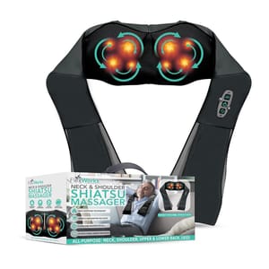 A black neck and shoulder Shiatsu massager with heating function, strappable design, and a handheld controller.