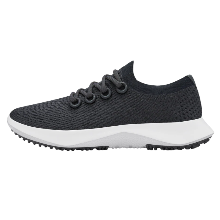 Black athletic shoe with a textured knit upper, white midsole, and black outsole, featuring a lace-up design.