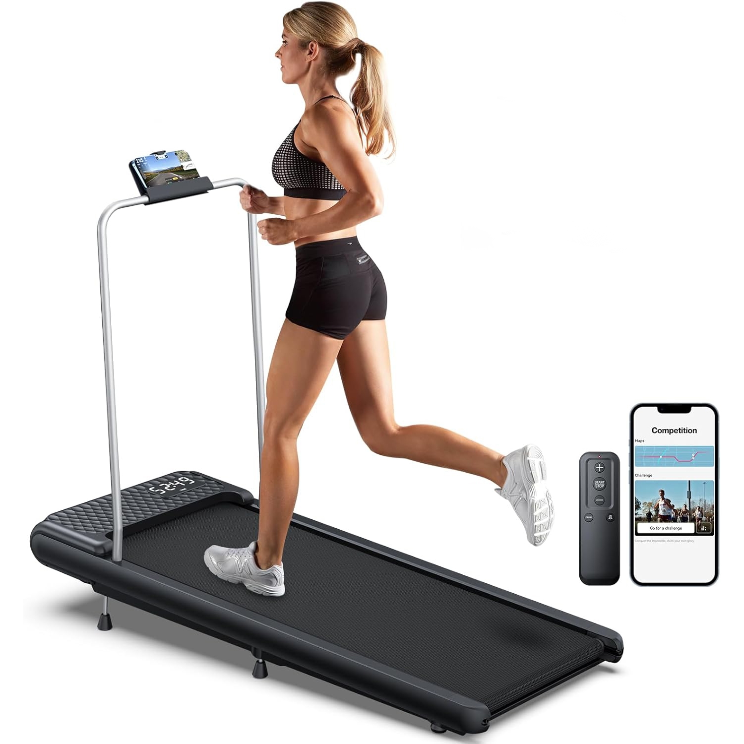 A woman uses a compact walking pad treadmill with a minimalistic design, integrated handrails, and a mobile device holder. The treadmill connects to a smartphone app for tracking progress and comes with a remote control for easy operation.