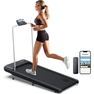 A woman uses a compact walking pad treadmill with a minimalistic design, integrated handrails, and a mobile device holder. The treadmill connects to a smartphone app for tracking progress and comes with a remote control for easy operation.