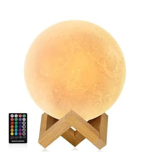 A moon lamp with a wooden stand and a remote control for adjusting colors and brightness.