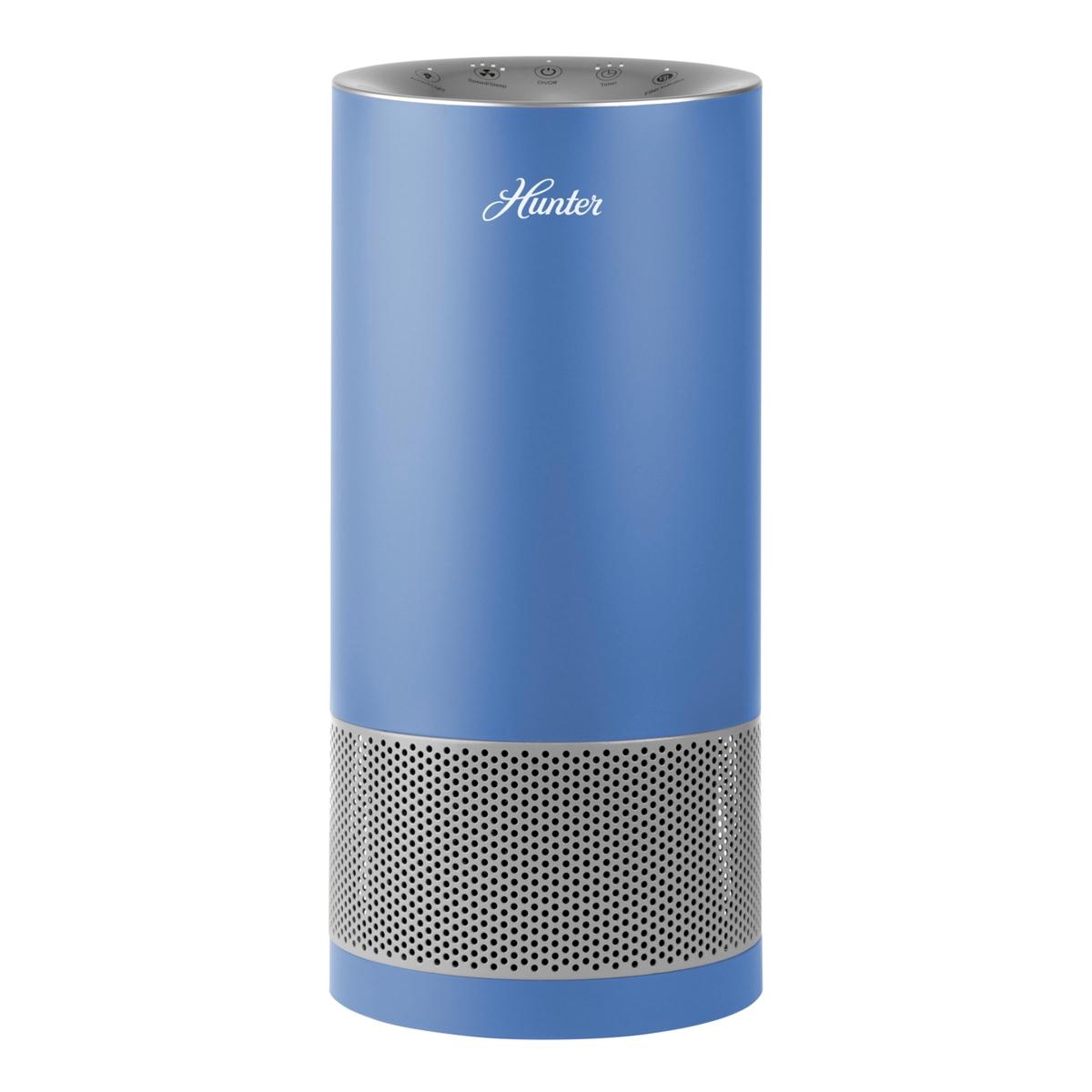 A blue Hunter Tower Air Purifier with a sleek cylindrical design, featuring a perforated section at the bottom for air intake, and control buttons on top.