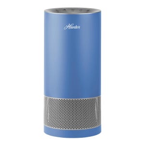 A blue Hunter Tower Air Purifier with a sleek cylindrical design, featuring a perforated section at the bottom for air intake, and control buttons on top.
