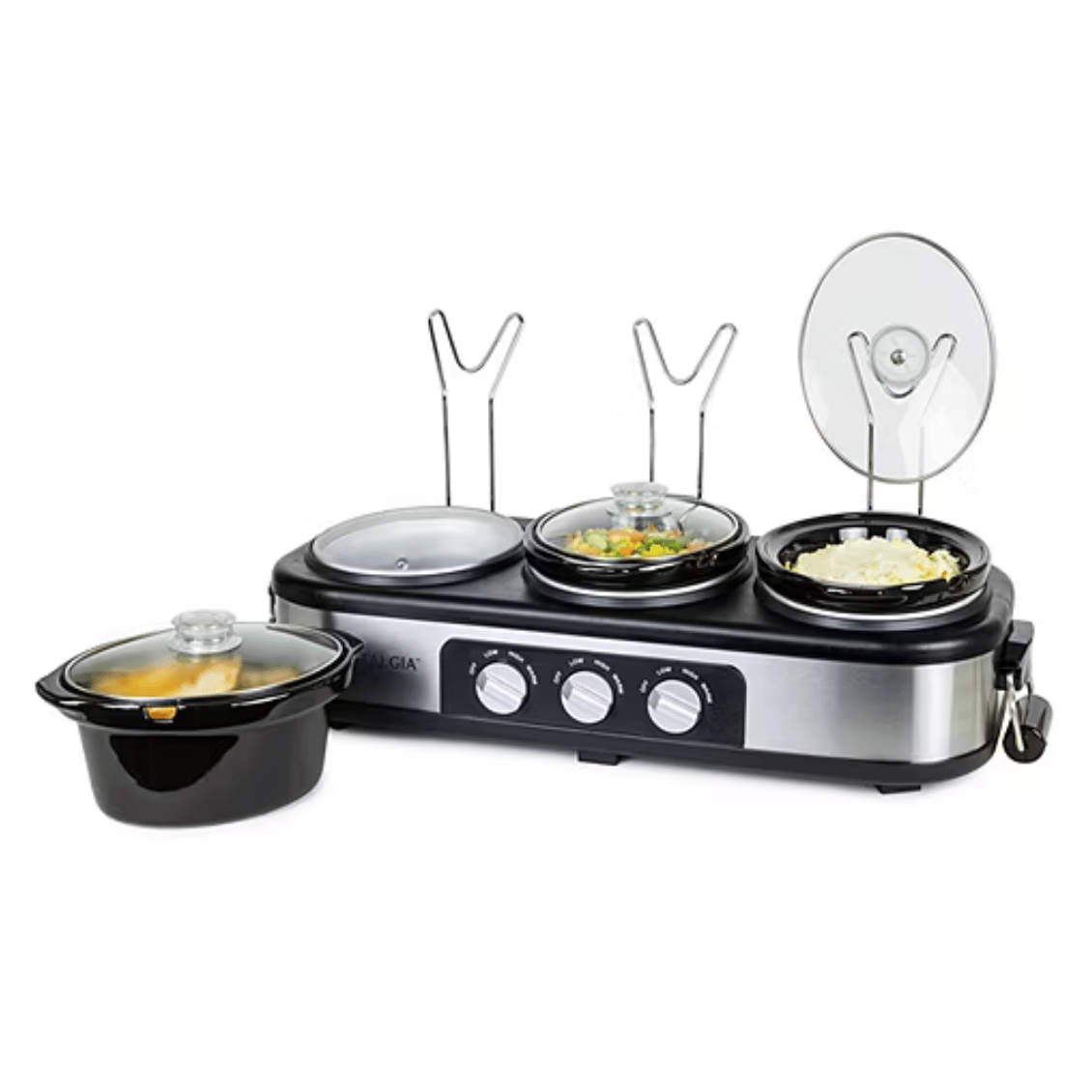 A triple slow cooker buffet server with three adjustable heat settings, featuring three separate pots with glass lids and lid rests for easy serving.