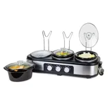 A triple slow cooker buffet server with three adjustable heat settings, featuring three separate pots with glass lids and lid rests for easy serving.