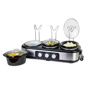 A triple slow cooker buffet server with three adjustable heat settings, featuring three separate pots with glass lids and lid rests for easy serving.