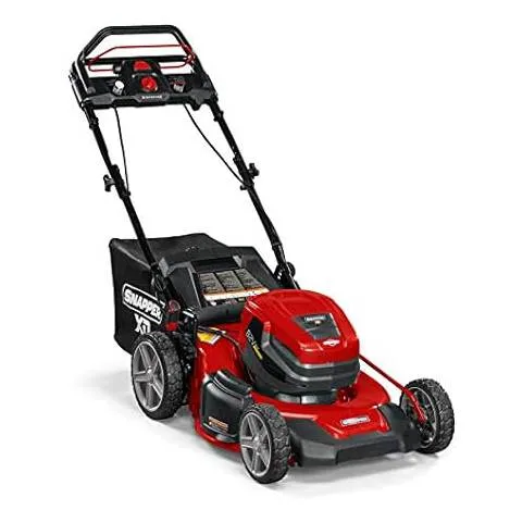 A red Snapper XD self-propelled lawn mower with a black grass collection bag, large rear wheels, and battery-powered design.
