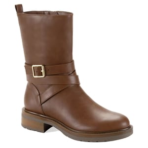 Brown mid-calf leather boot with a decorative strap and buckle, featuring a low stacked heel and round toe.