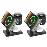 Two identical wireless charging stations, each holding a smartphone, smartwatch, and earbud case, designed for simultaneous charging of multiple devices.