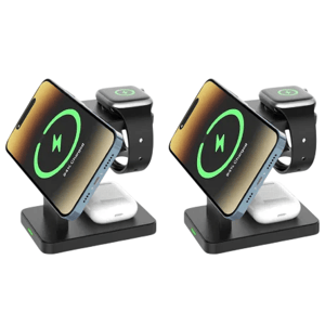 Two identical wireless charging stations, each holding a smartphone, smartwatch, and earbud case, designed for simultaneous charging of multiple devices.