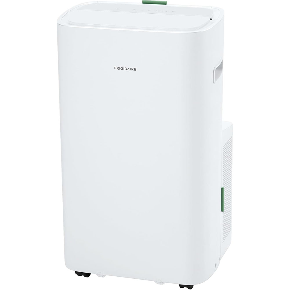 Frigidaire portable air conditioner with a sleek white design, featuring wheels for easy mobility and side handles, suitable for cooling rooms efficiently.