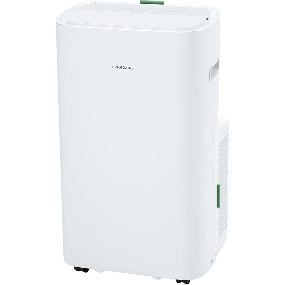 Frigidaire portable air conditioner with a sleek white design, featuring wheels for easy mobility and side handles, suitable for cooling rooms efficiently.