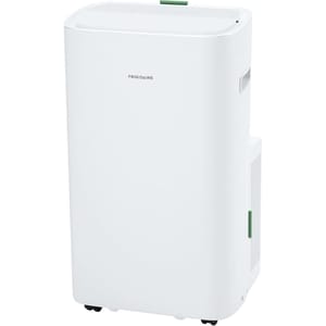 Frigidaire portable air conditioner with a sleek white design, featuring wheels for easy mobility and side handles, suitable for cooling rooms efficiently.