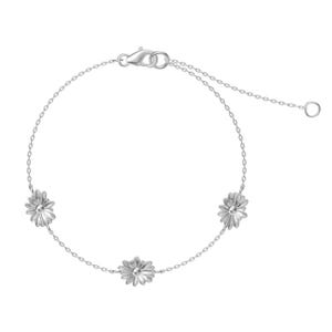 This is a silver bracelet featuring three evenly spaced daisy-like flowers connected by a thin chain with an adjustable clasp.