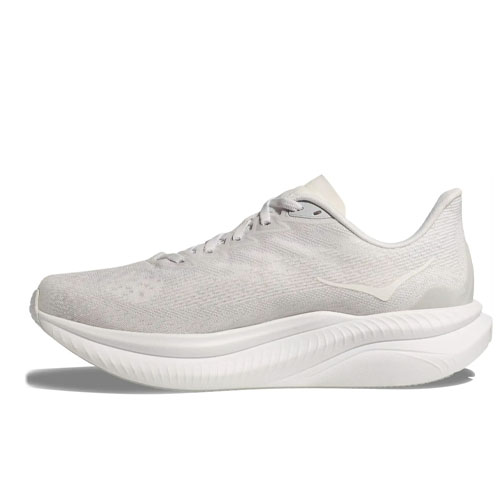 A sleek, white running shoe featuring a minimalistic design with an engineered mesh upper and a cushioned, curved sole for enhanced performance.