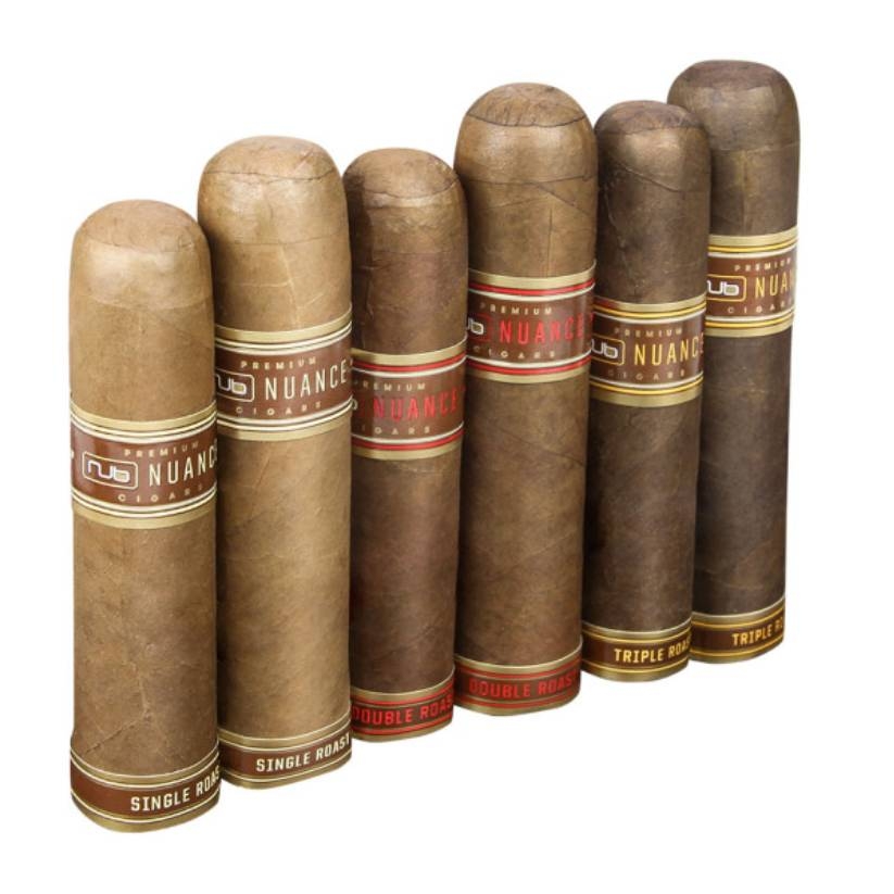 Five large cigars with brown wrappers, labeled as 'NUB NUANCE' in different roast styles.