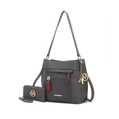 MKF Multi-Pocket Bag & Wallet Set includes a charcoal-gray shoulder bag with gold-tone hardware, featuring multiple pockets and a red accent charm, accompanied by a matching wallet with a similar gold logo detail.