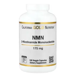 California Gold Nutrition NMN supplement, 175 mg, 180 veggie capsules, β-Nicotinamide Mononucleotide, free from gluten, GMOs, and soy.