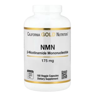 California Gold Nutrition NMN supplement, 175 mg, 180 veggie capsules, β-Nicotinamide Mononucleotide, free from gluten, GMOs, and soy.
