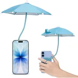A smartphone accessory featuring a small, adjustable blue umbrella designed to protect phones from rain or sunlight. It attaches to the device with a flexible arm.