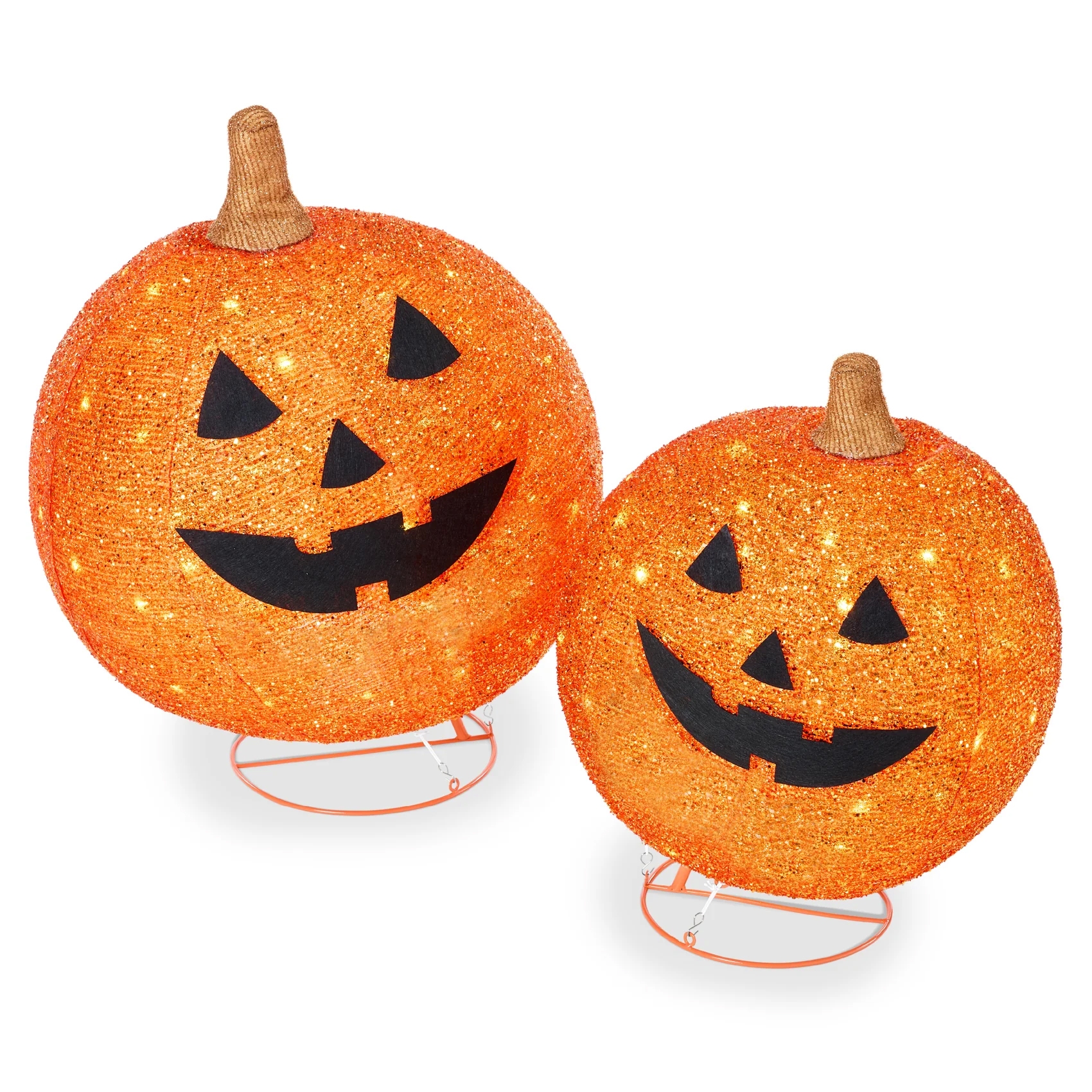 Two orange light-up Jack-O'-Lantern decorations with black facial features and brown stems, standing on wire bases.
