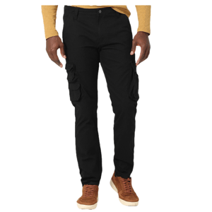 Black tapered cargo pants with multiple pockets and a button closure, paired with a yellow shirt and brown sneakers.