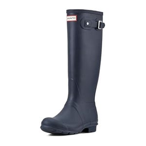 Hunter Tall Rain Boots feature a sleek black rubber design with a high shaft, adjustable buckle strap at the top, and a textured sole for grip.