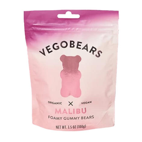 A pink and white package of VegoBears Malibu Organic Vegan Foamy Gummy Bears, 3.5 oz (100g).