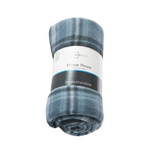 A Mainstays fleece throw, blue plaid pattern, measuring 50\“x60\“ (127 cm x 152.4 cm).