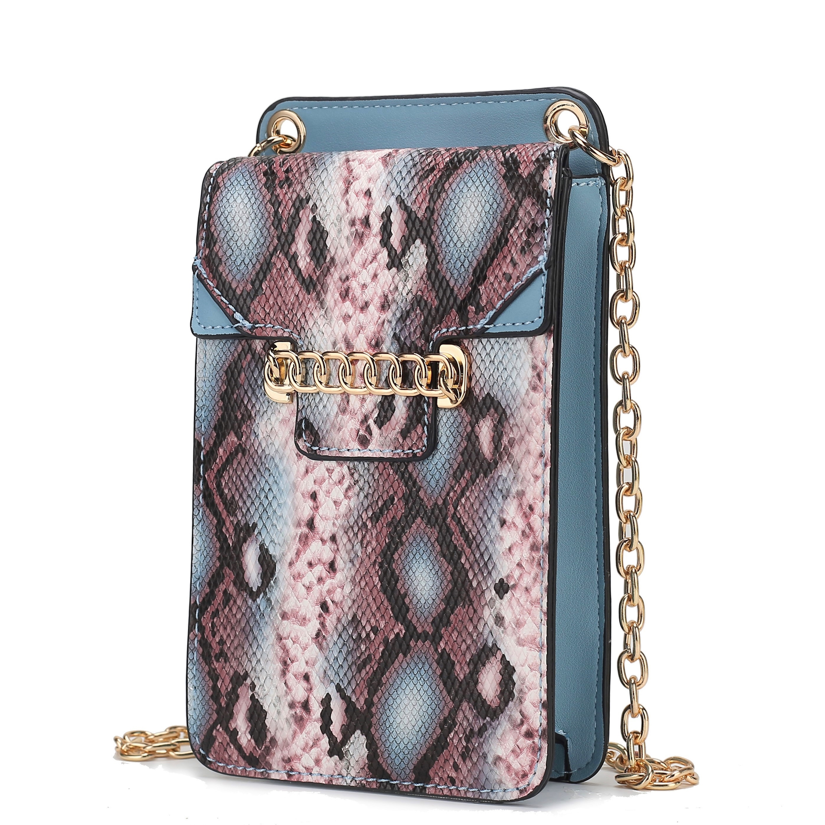 A faux-leather phone crossbody bag featuring a multicolored snakeskin pattern, gold chain strap, and decorative gold chain detail on the flap. The edges and interior are blue.