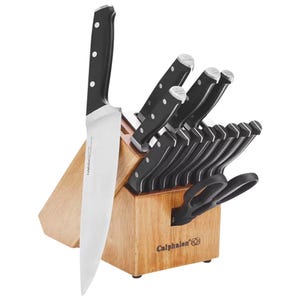 The 15-piece Calphalon knife set includes a variety of stainless steel knives with black handles, housed in a wooden block. It features chef, slicing, paring knives, steak knives, and kitchen shears, all with bolster for balance and triple-riveted handles.