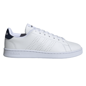 White Adidas sneaker with perforated stripes, navy heel tab, and white sole.