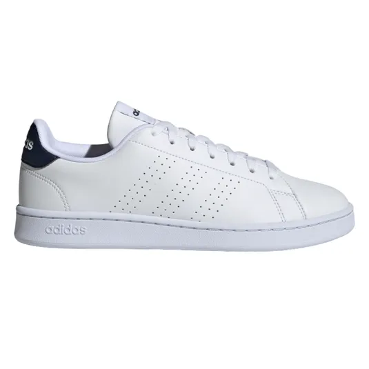 White Adidas sneaker with perforated stripes, navy heel tab, and white sole.