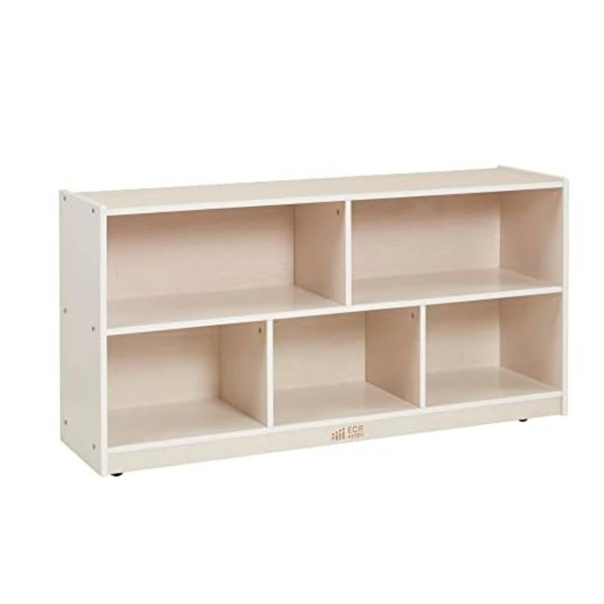 A wooden storage unit with a natural finish features six open cubby compartments, ideal for organizing books, toys, or other items.