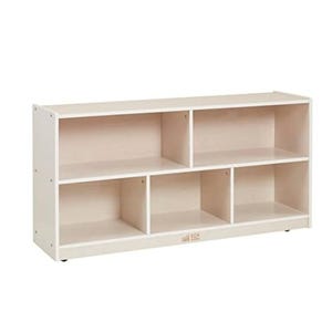 A wooden storage unit with a natural finish features six open cubby compartments, ideal for organizing books, toys, or other items.