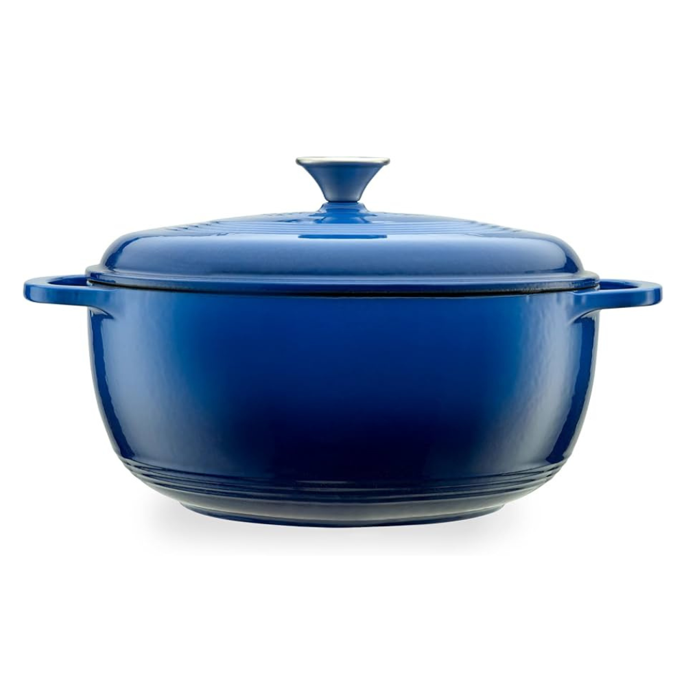 A blue cast iron Dutch oven with a lid and two handles.