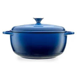 A blue cast iron Dutch oven with a lid and two handles.
