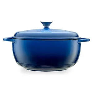 A blue cast iron Dutch oven with a lid and two handles.