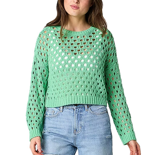 Green crochet-knit crewneck sweater with long sleeves, featuring a pattern of open holes, paired with light blue jeans.