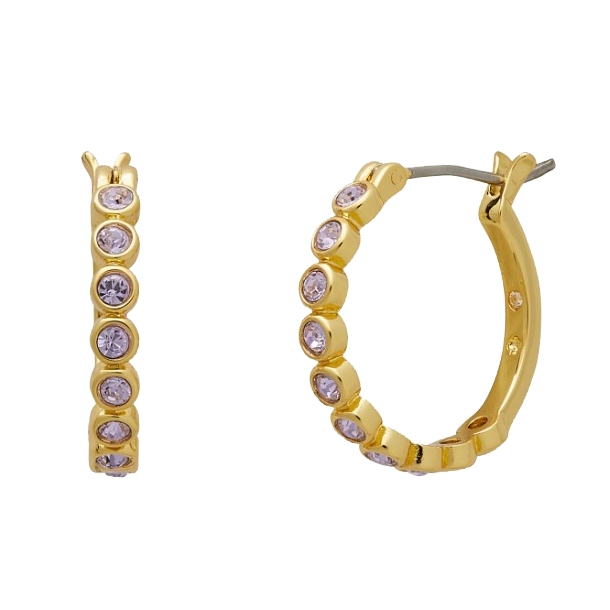 Gold hoop earrings set with multiple round purple gemstones, shown from the front and side.