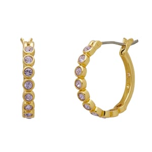 Gold hoop earrings set with multiple round purple gemstones, shown from the front and side.