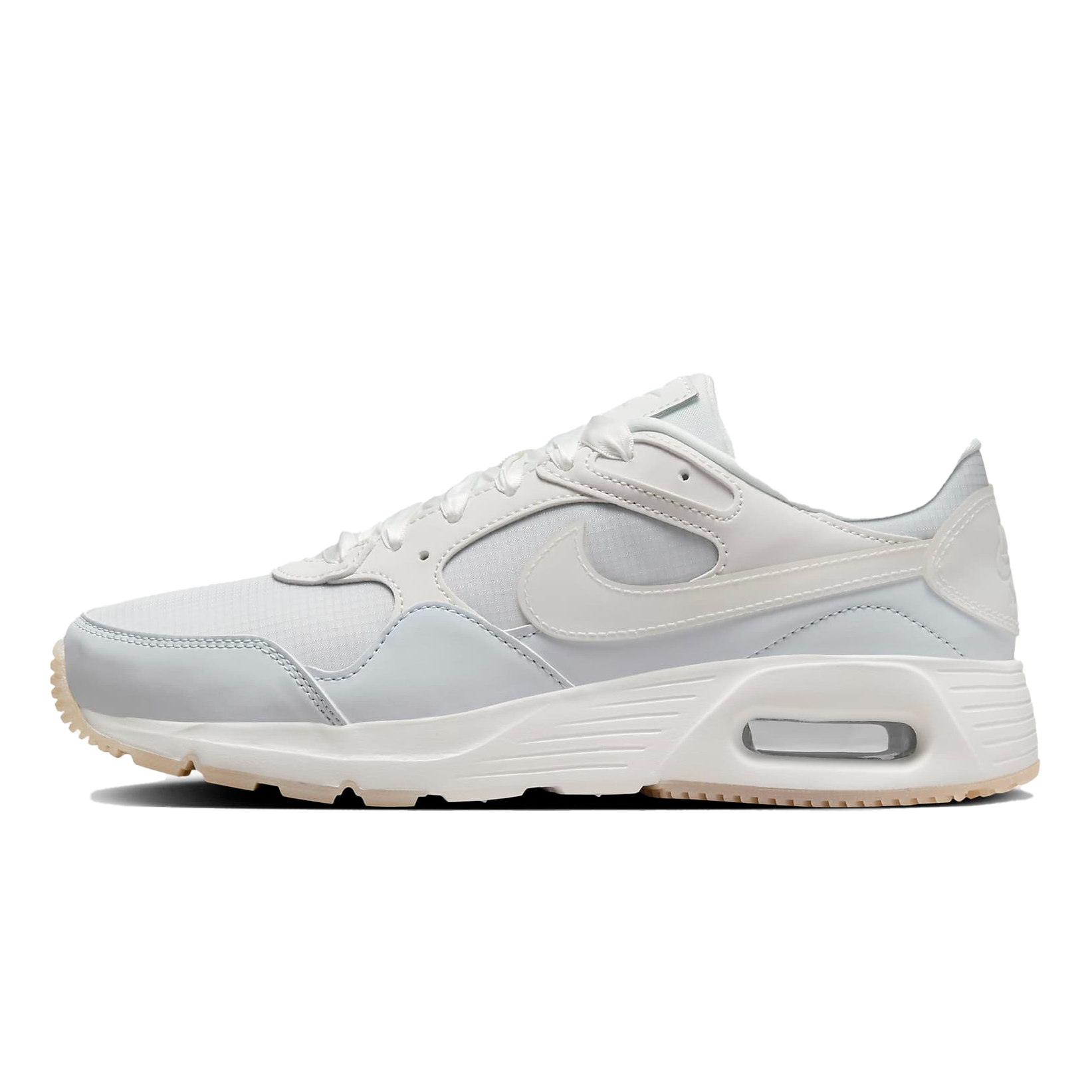 A white Nike Air Max sneaker with a visible air bubble in the heel.