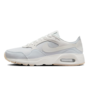 A white Nike Air Max sneaker with a visible air bubble in the heel.