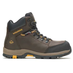 A brown Wolverine work boot, featuring waterproof leather, reinforced toe, and slip-resistant sole designed for durability and safety.
