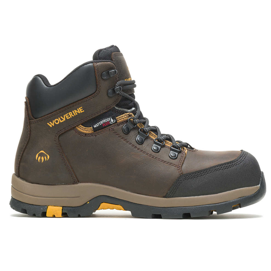 A brown Wolverine work boot, featuring waterproof leather, reinforced toe, and slip-resistant sole designed for durability and safety.