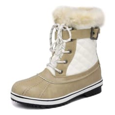Beige mid-calf snow boots with white quilted panels, a fluffy faux fur cuff, lace-up front, and a side buckle detail, set on a black and white sole with treads.