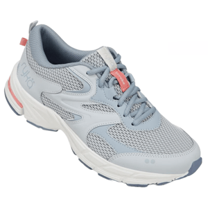 Light blue athletic walking shoe with mesh upper for breathability, cushioned sole, lace-up closure, and subtle pink accents on the heel and tongue.