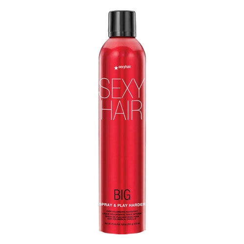 Big Sexy Hair Spray & Play Harder is a red aerosol can containing a firm hold and volumizing hairspray designed for strong, long-lasting styling with added shine.